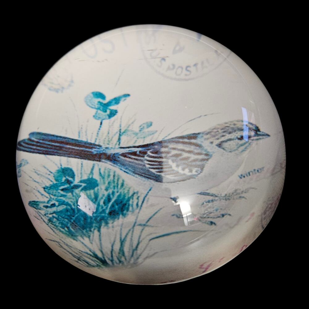 Vintage Bird Paperweight Blue White Sparrow Design Glass Dome